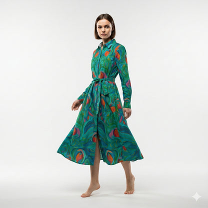 Button Front Shirt Dress Floral Swamp in Lightweight Cotton Poplin