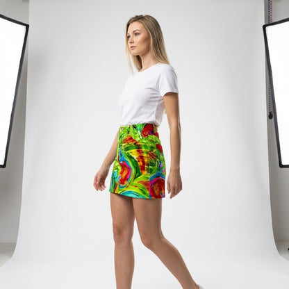 Denim Mini Skirt in Abstract Watercolor Print