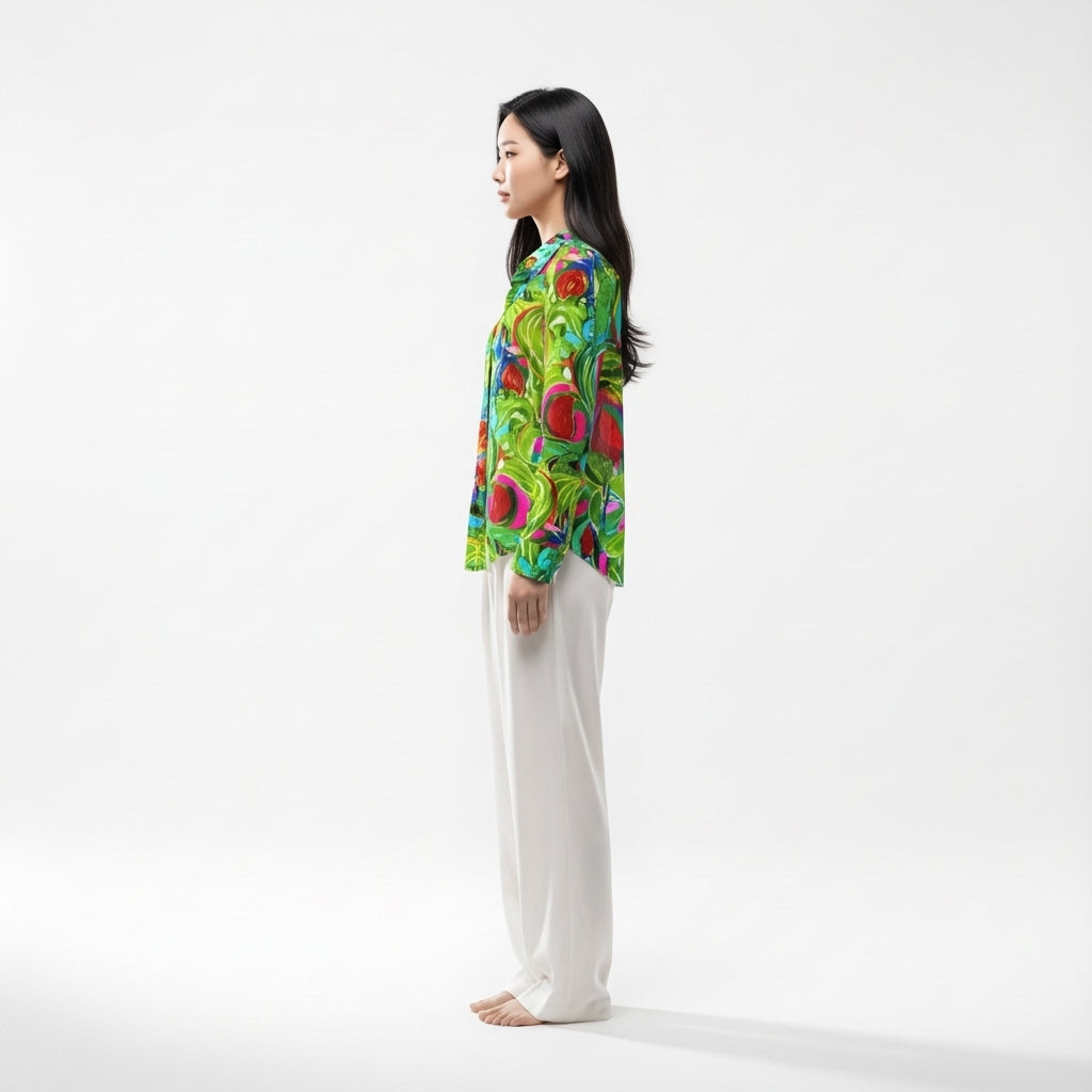 Button Front Shirt Pink Water Lilies