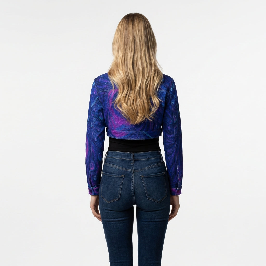 Cropped Jean Cotton Jacket Blue Peacock Feather