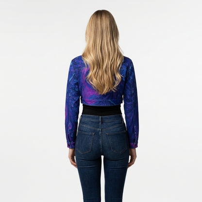 Cropped Jean Cotton Jacket Blue Peacock Feather