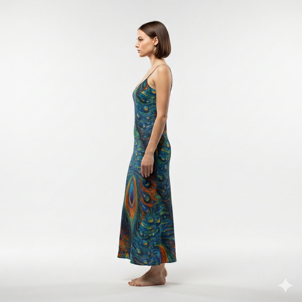 Bias Slip Dress Orange Peacock Feather