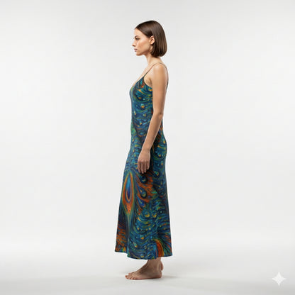 Bias Slip Dress Orange Peacock Feather
