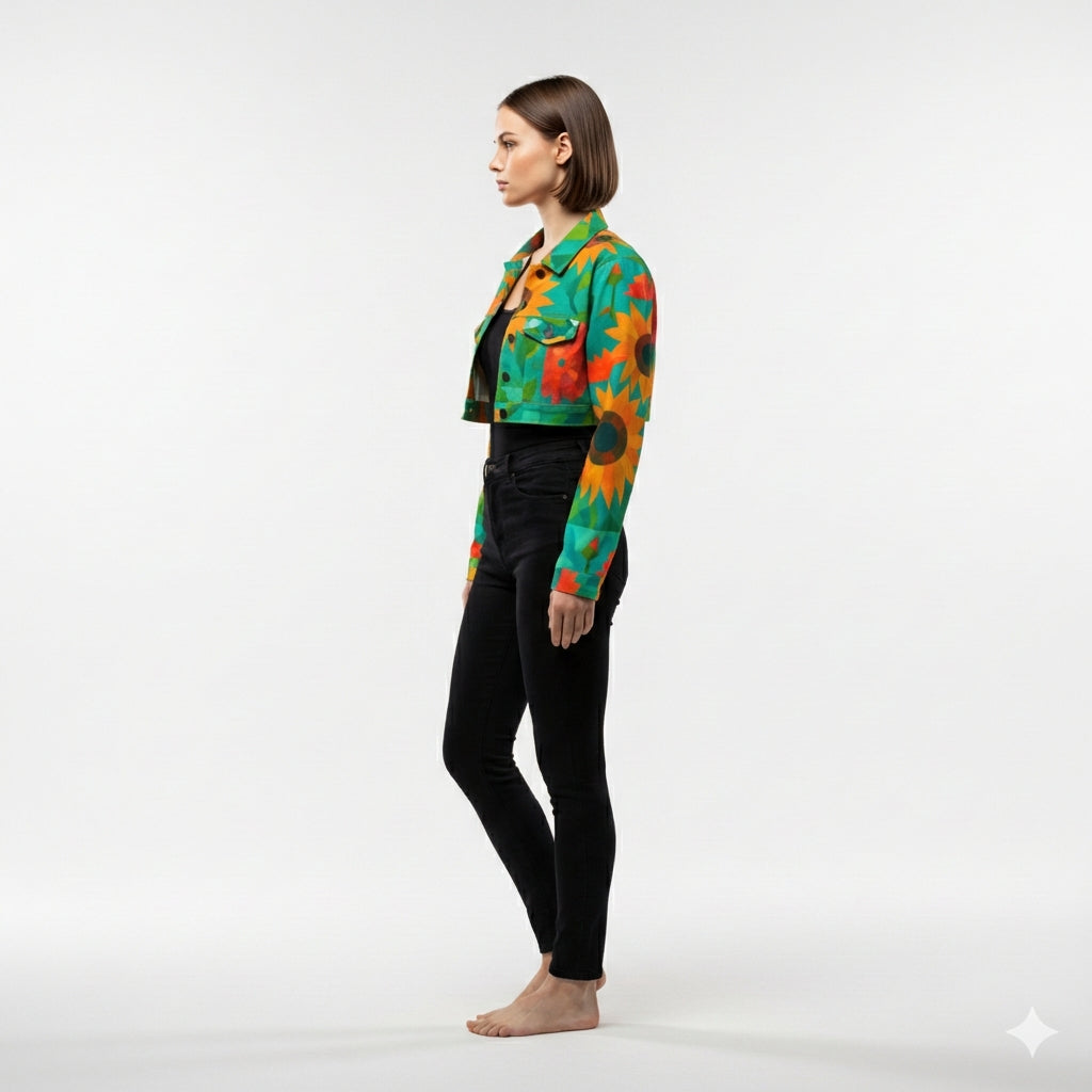 Cropped Jean Cotton Jacket Sunflowers
