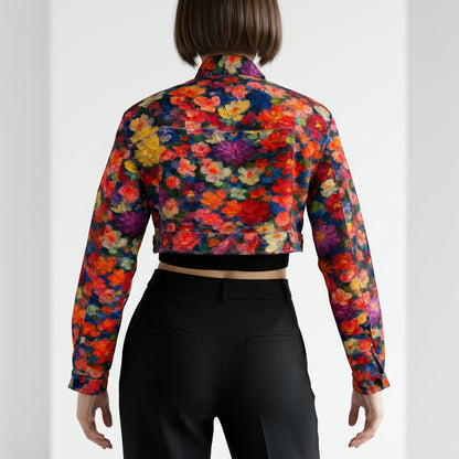 Cropped Jean Cotton Jacket Red Flower Bed