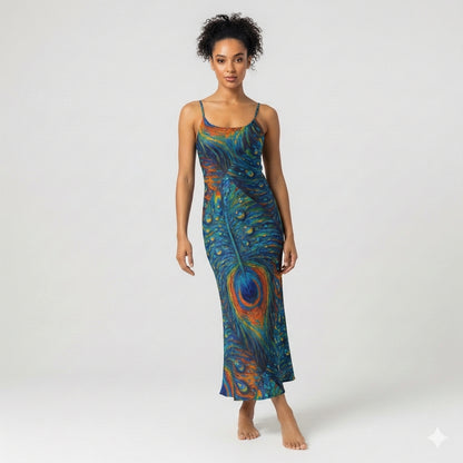 Bias Slip Dress Orange Peacock Feather