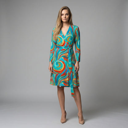 Wrap Dress Cyan Swirls – Traditional Jersey Wrap Dress