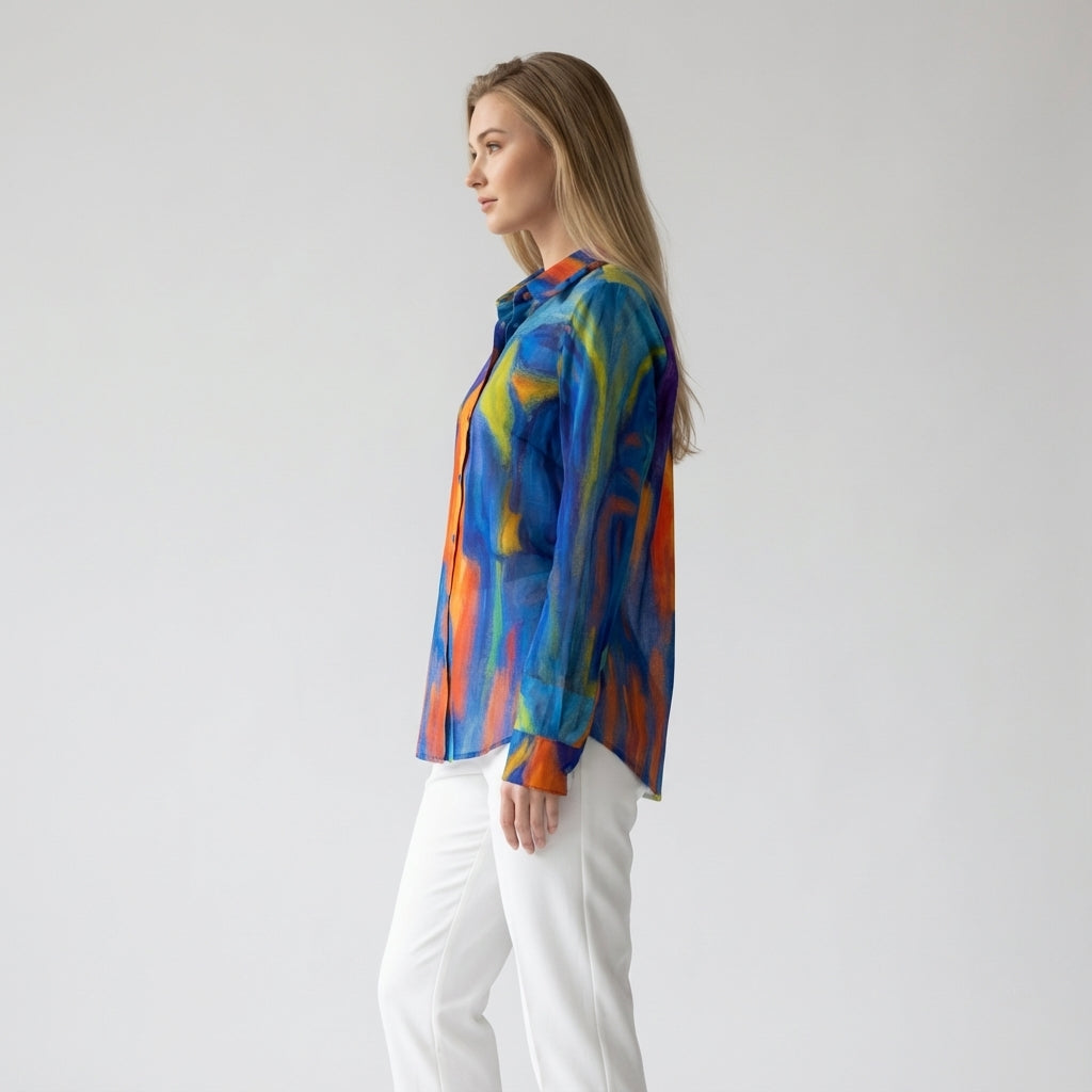 Button Front Shirt in Lightweight Organic Cotton Voile Blue Star