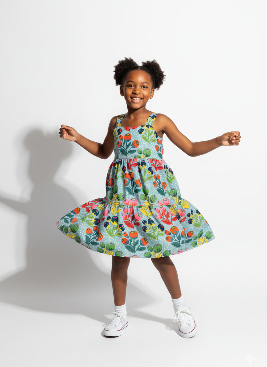 LIttle Lizzie Ruffle Dress - Lined - Dotted Blue