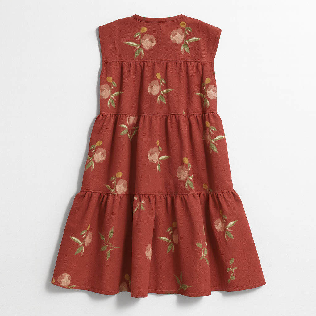 Kid's Ruffle Dress Without Linning in Belle Bloom Red in Light Cotton Slub