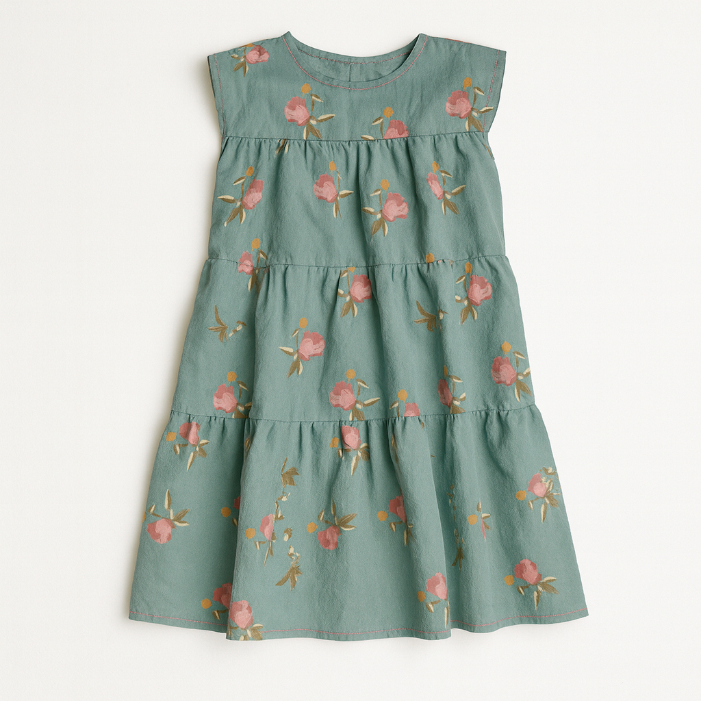 Kid's Ruffle Dress Without Lining in Belle Bloom in Light Blue in Light Cotton Slub
