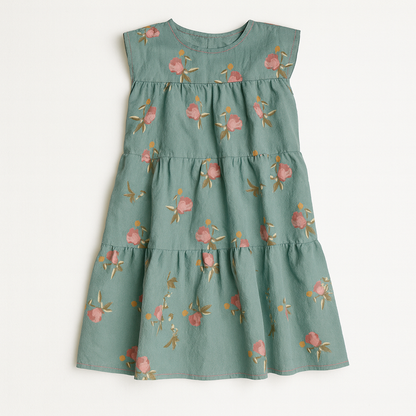 Kid's Ruffle Dress Without Lining in Belle Bloom in Light Blue in Light Cotton Slub