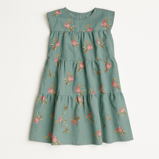 Kid's Ruffle Dress Without Lining in Belle Bloom in Light Blue in Light Cotton Slub