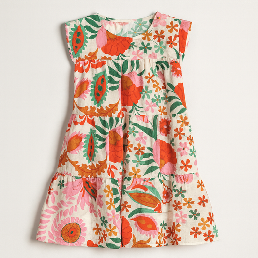 Kid's Ruffle Dress in Ecru Dutch Blossoms