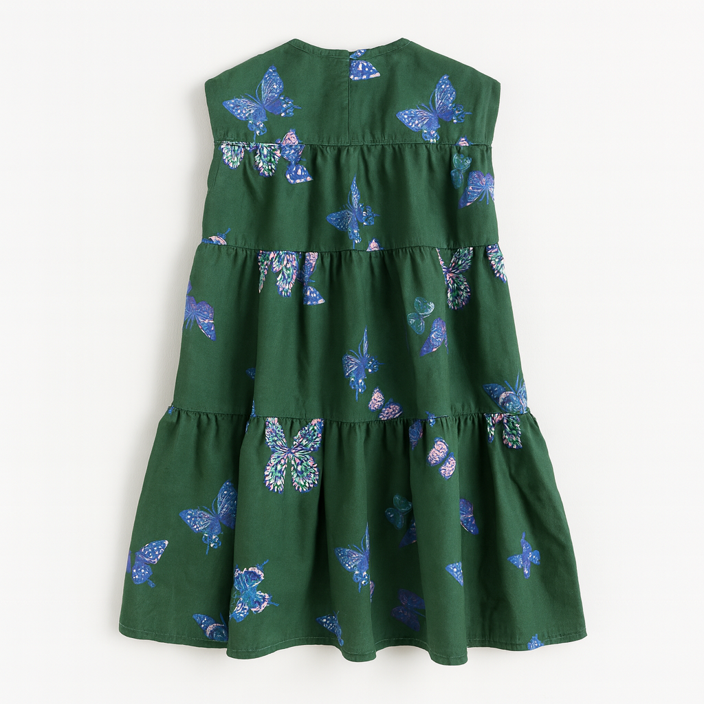 Kid's Ruffle Dress in Emerald Fluttering Butterflies