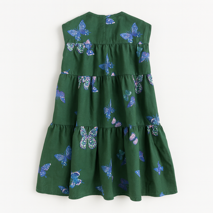 Kid's Ruffle Dress in Emerald Fluttering Butterflies