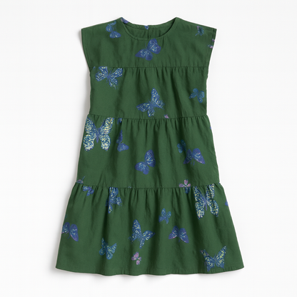 Kid's Ruffle Dress in Emerald Fluttering Butterflies