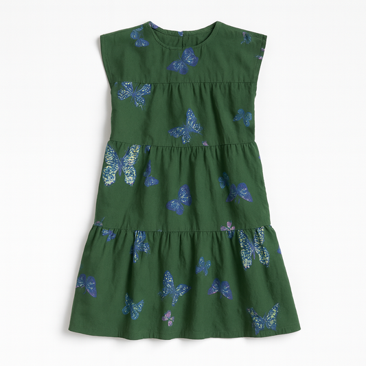 Kid's Ruffle Dress in Emerald Fluttering Butterflies