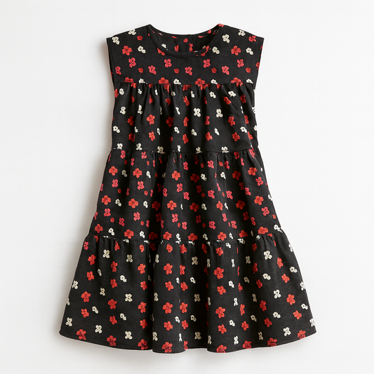 Kid's Ruffle Dress Without Lining in Evergreen Painted Poppies