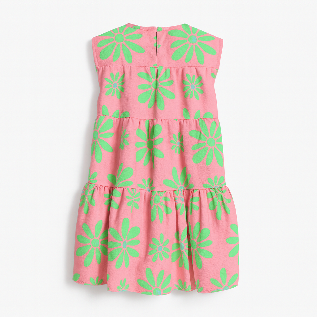 Kid's Ruffle Dress with Lining in Flower Bloom Pink & Light Green