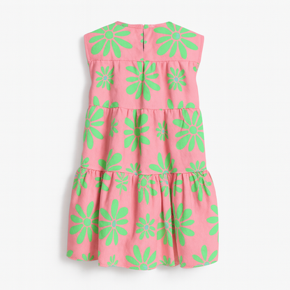 Kid's Ruffle Dress with Lining in Flower Bloom Pink & Light Green
