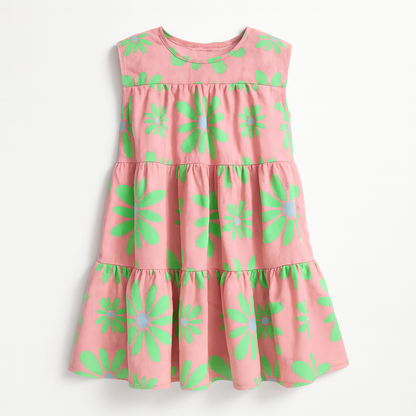 Kid's Ruffle Dress with Lining in Flower Bloom Pink & Light Green