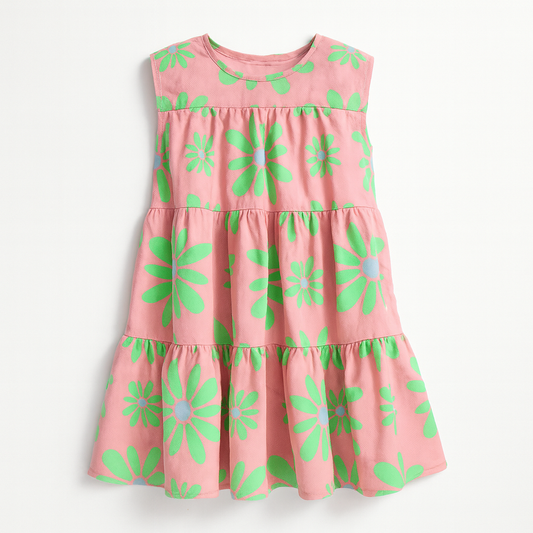 Kid's Ruffle Dress with Lining in Flower Bloom Pink & Light Green