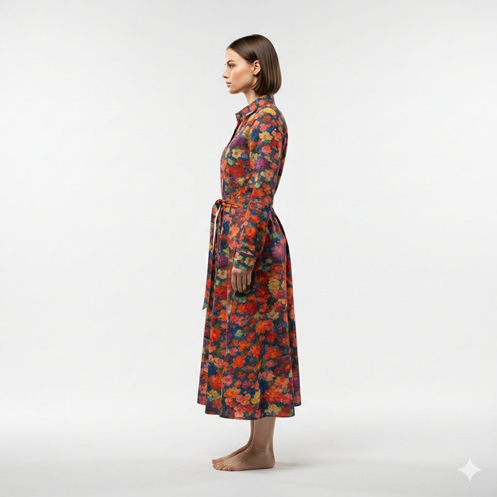 Button Front Shirt Dress Red Flower Bed
