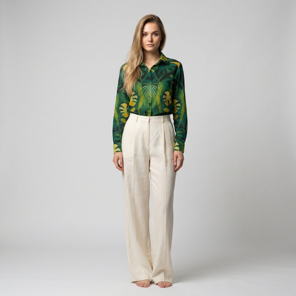 Button Front Shirt Green Leaves