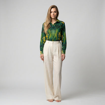 Button Front Shirt Green Leaves