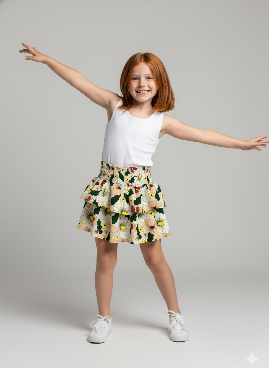 Kid's Smocked Ruffle Skirt in Ma Jong Floral