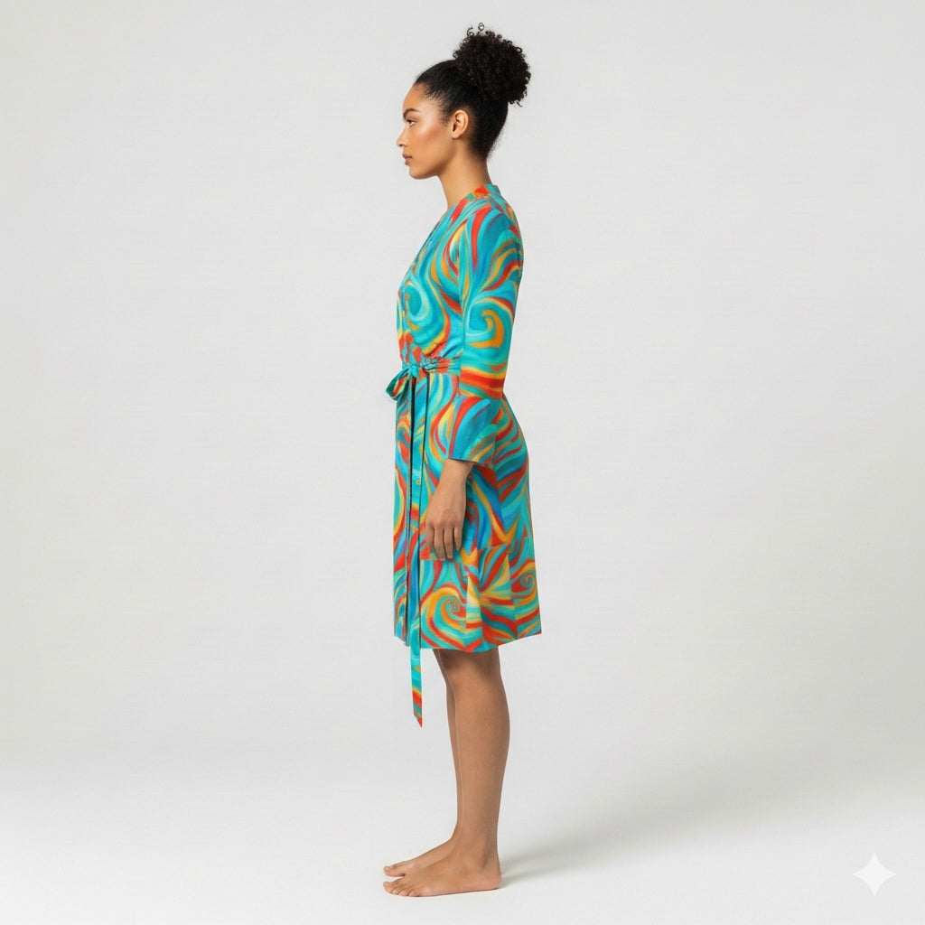 Wrap Dress Cyan Swirls – Traditional Jersey Wrap Dress