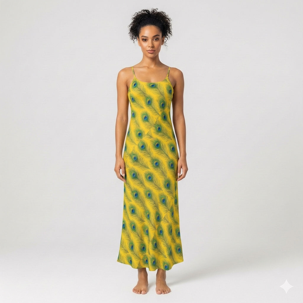Bias Slip Dress Yellow Peacock Feathers