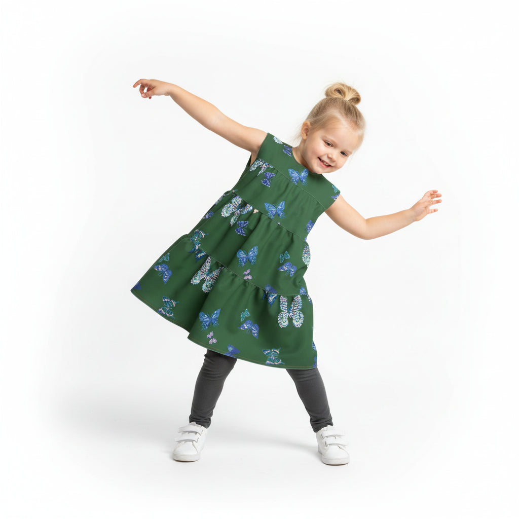 Kid's Dress Without Lining in Emerald Fluttering Butterflies
