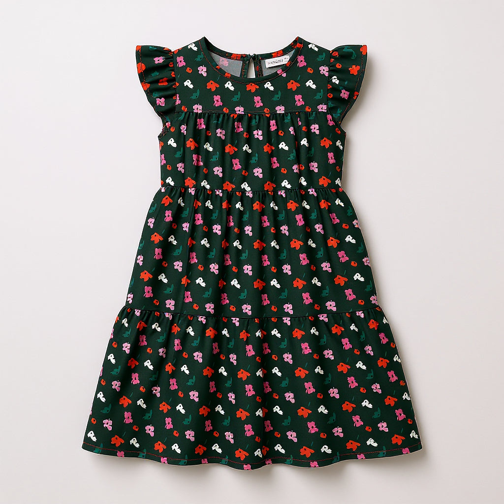 Kid's Ruffle Dress Without Lining in Evergreen Painted Poppies