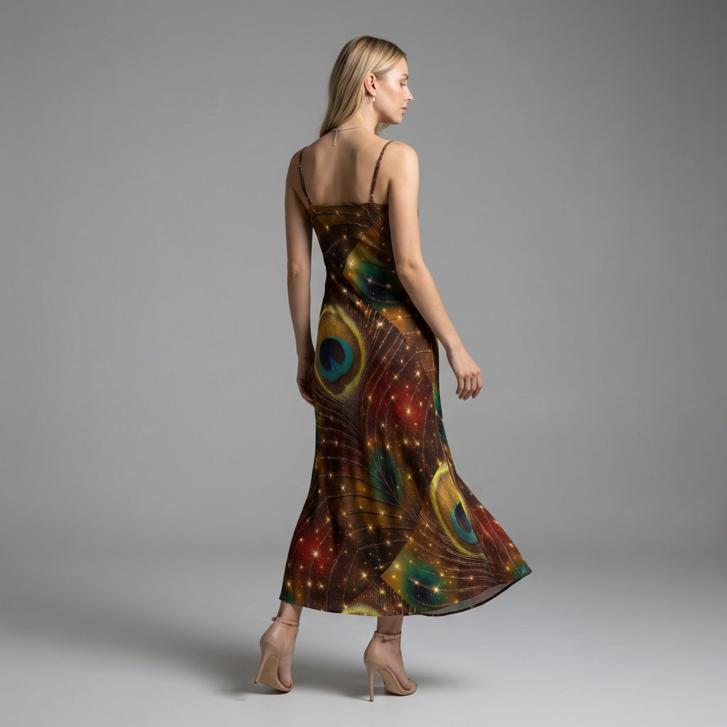 Bias Slip Dress Golden Peacock Feather
