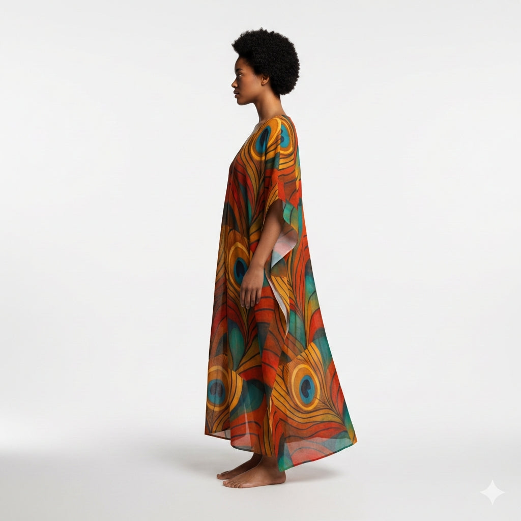 Caftan Yellow Peacock Feather in Lightweight Organic Cotton Voile