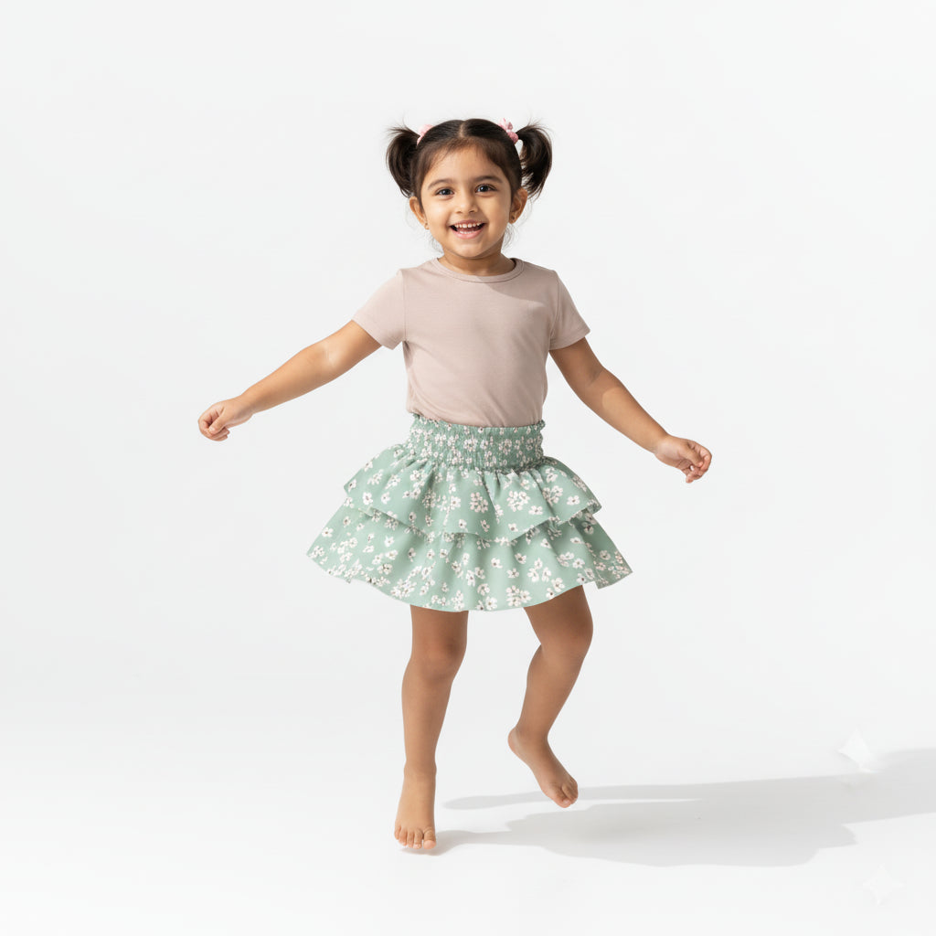 Kid's Smocked Ruffle Skirt in Sage Primrose