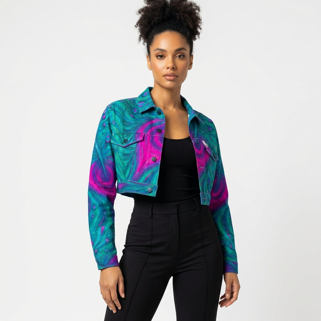 Cropped Jean Cotton Jacket Teal Peacock Feather