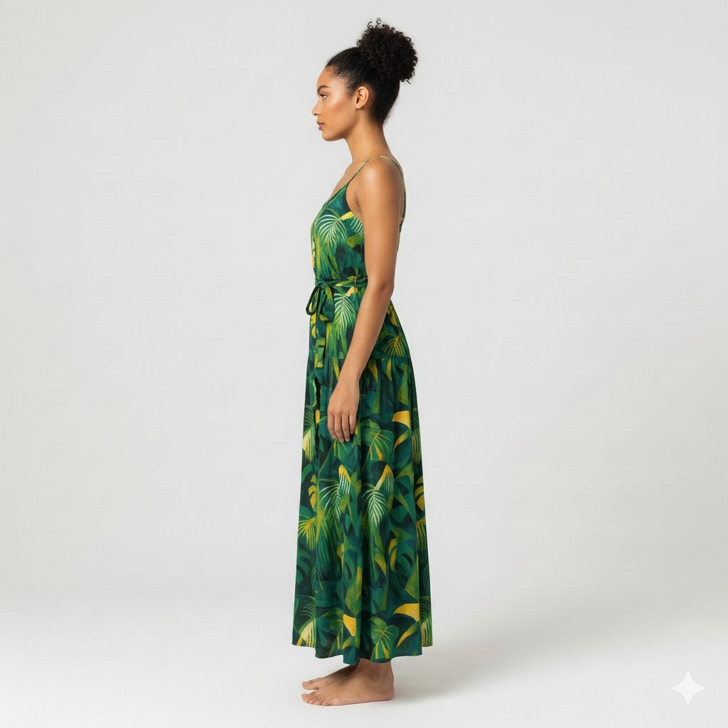 Maxi Dress with Waist Tie Green Leaves