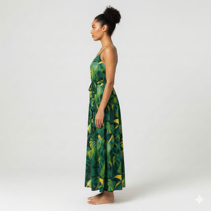 Maxi Dress with Waist Tie Green Leaves