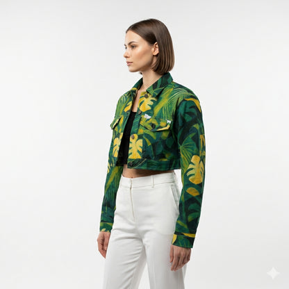 Cropped Jean Cotton Jacket Green Leaves