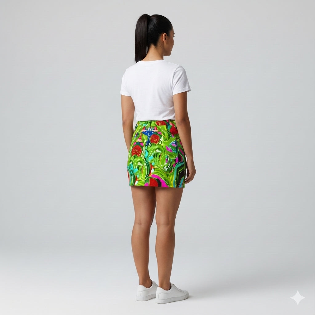 Denim Mini Skirt in Abstract Watercolor Print