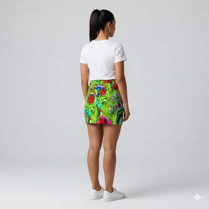 Denim Mini Skirt in Abstract Watercolor Print