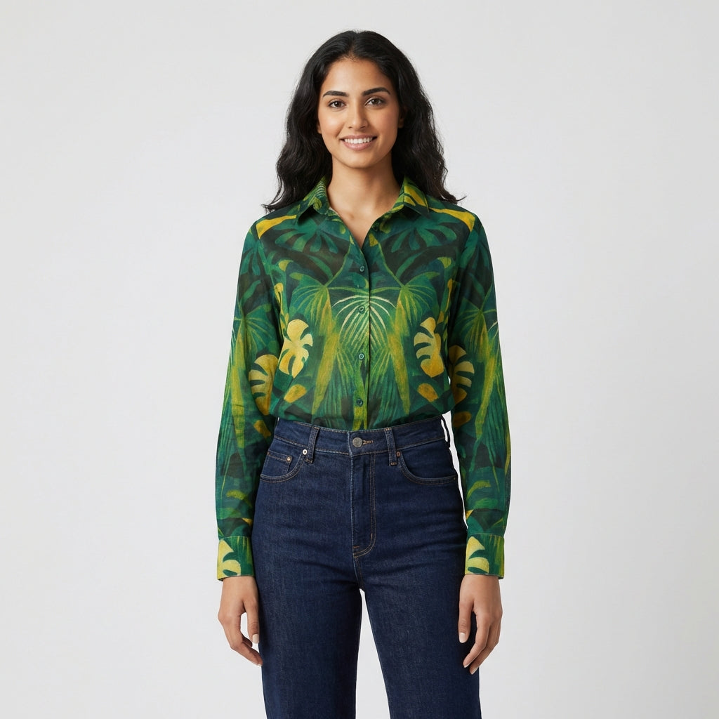 Button Front Shirt Green Leaves