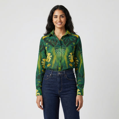 Button Front Shirt Green Leaves