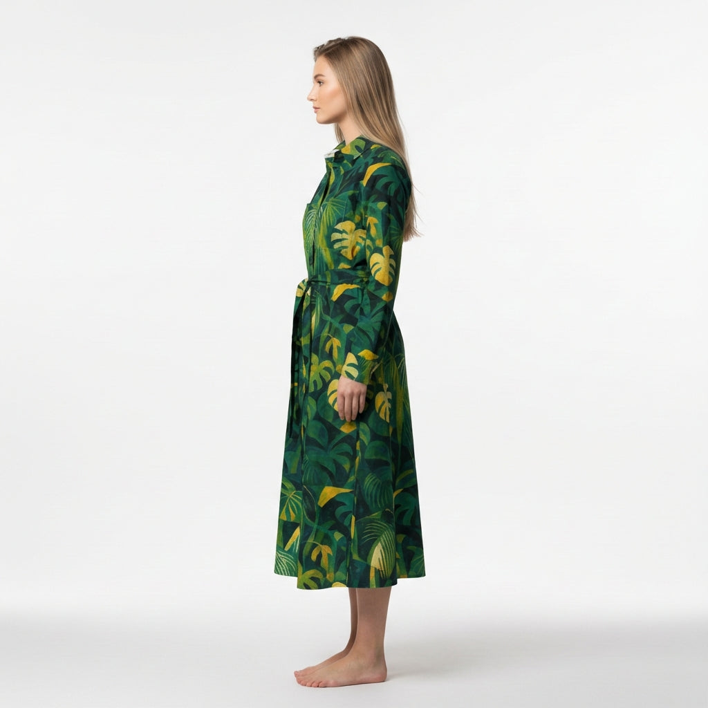 Button Front Shirt Dress Green Leaves