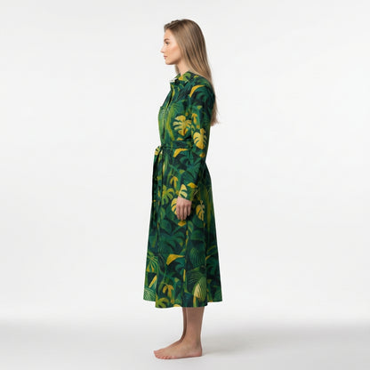 Button Front Shirt Dress Green Leaves
