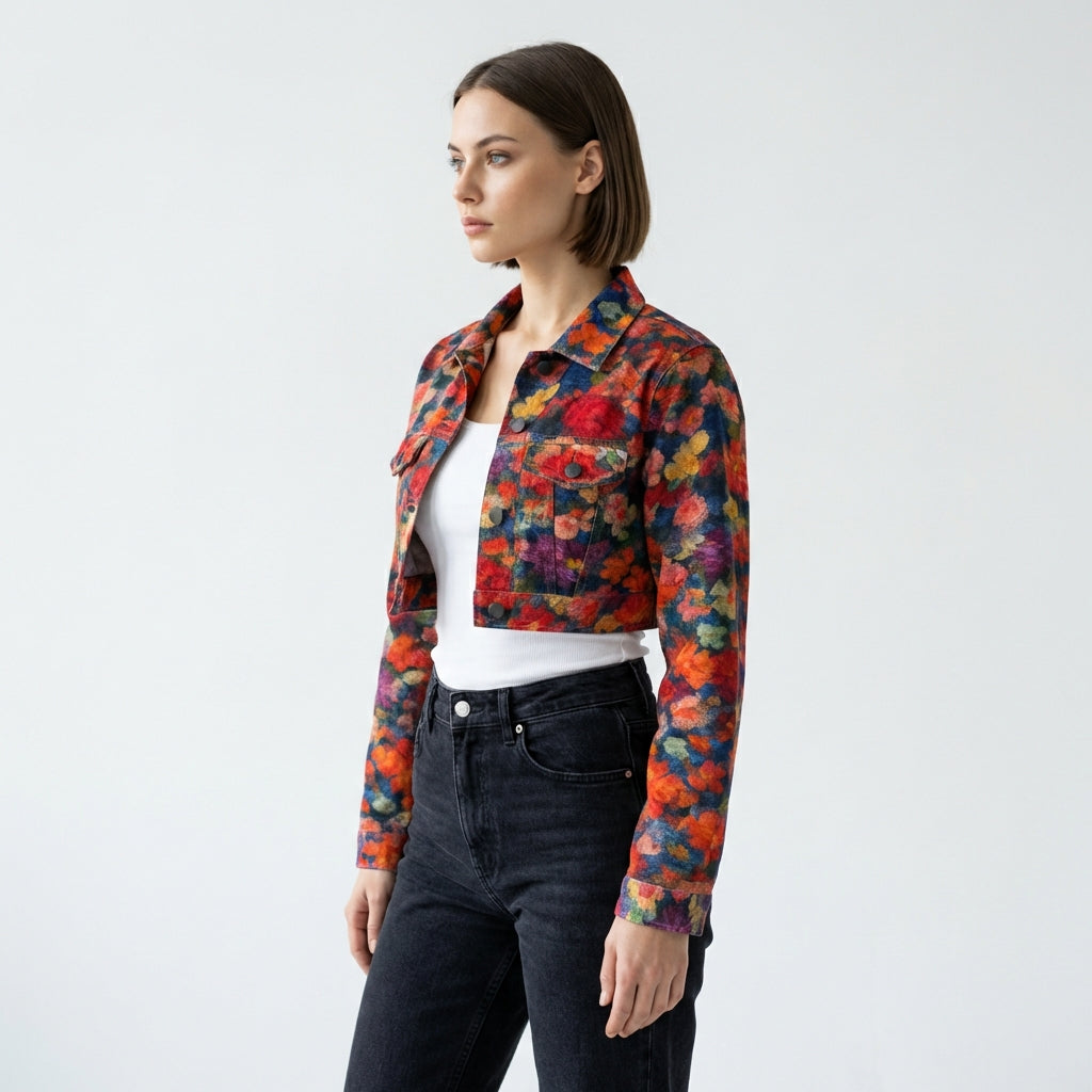 Cropped Jean Cotton Jacket Red Flower Bed