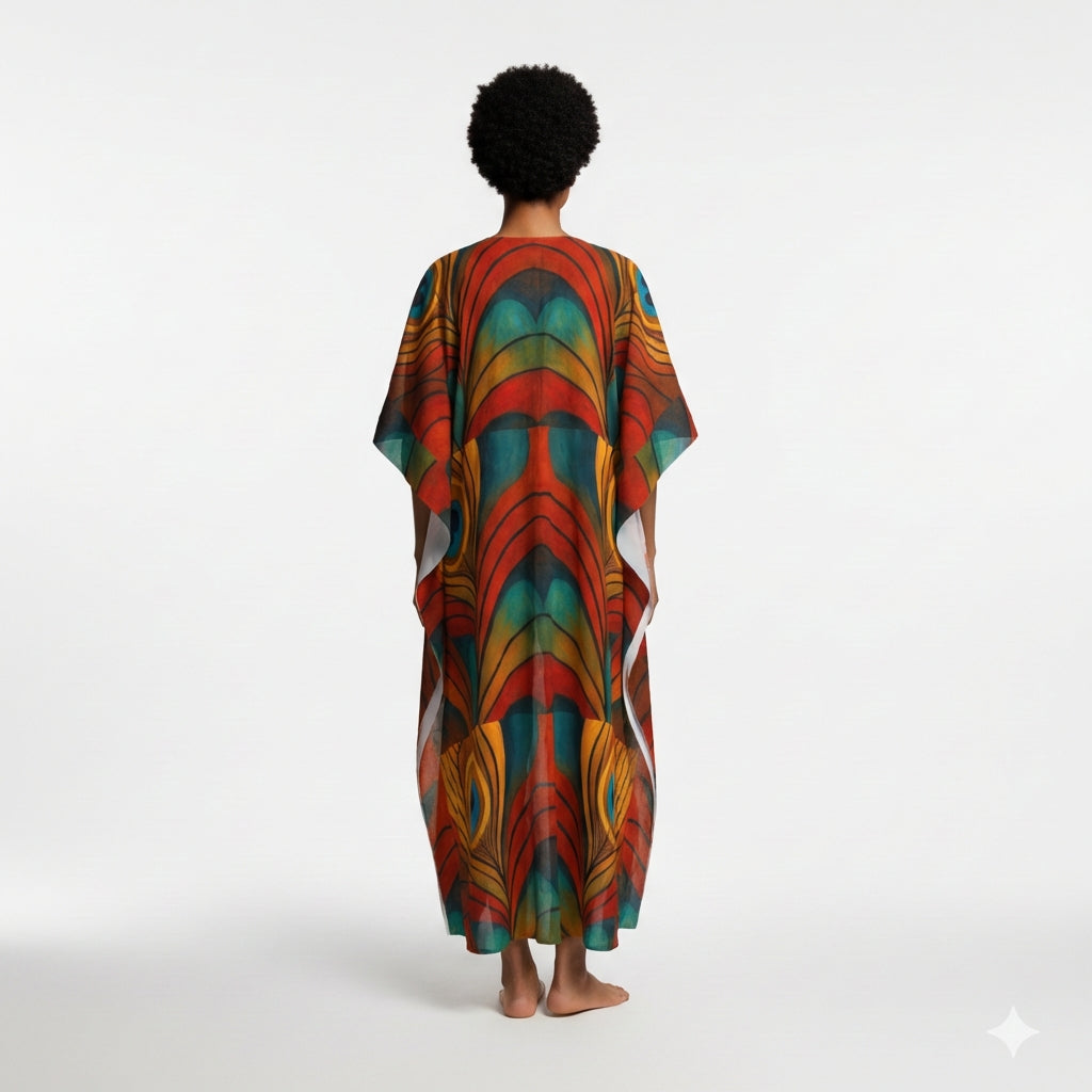 Caftan Yellow Peacock Feather in Lightweight Organic Cotton Voile